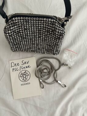Crystal-Embellished Silver Crossbody Bag -